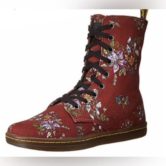 Dr. Martens Shoes - Dr. Martens Stratford Canvas combat boots floral red burgundy lace up US6